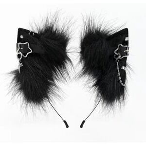 Black Faux Fur Cat Ears Headband Punk Goth Star Buckle Chain Cosplay Accessory